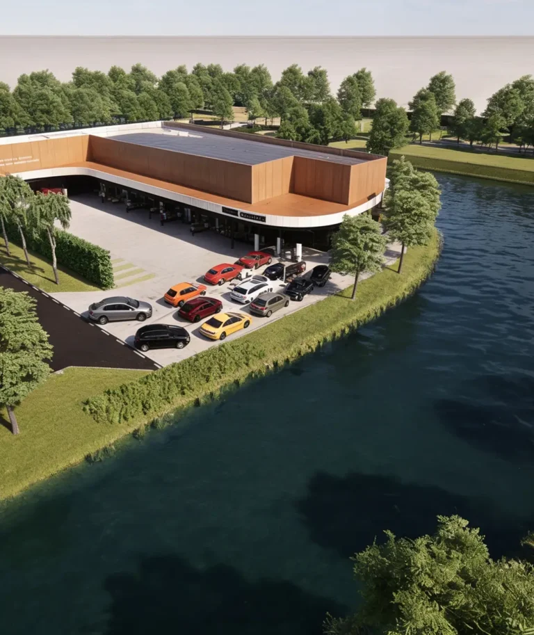 Luchtfoto van een modern winkelcentrum met een parkeerplaats vol auto's, omgeven door groen en een waterpartij.