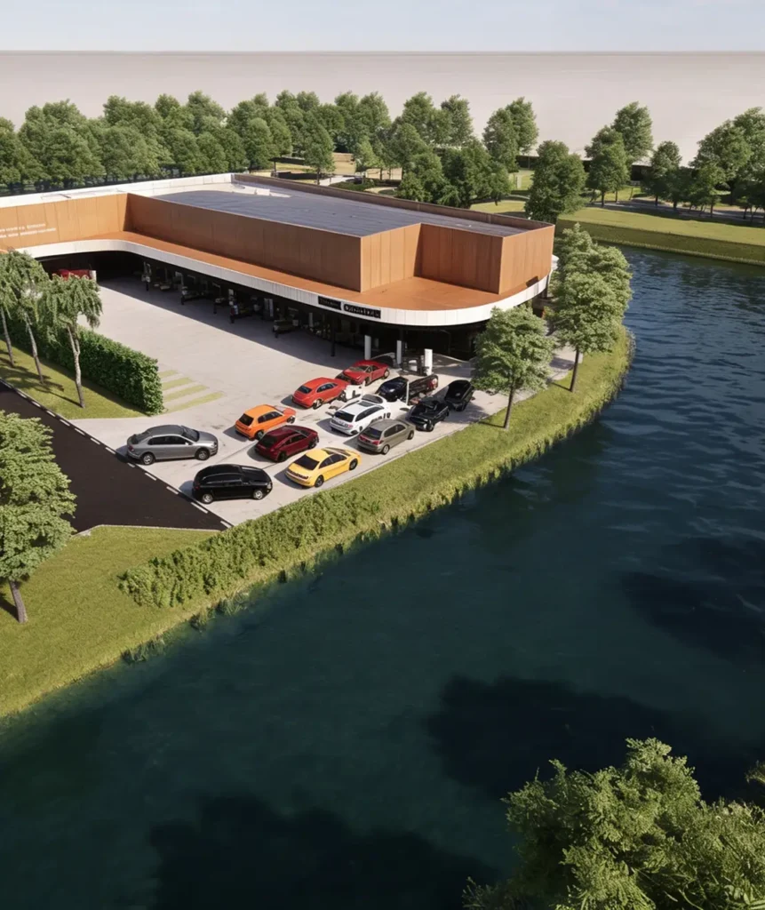 Luchtfoto van een modern winkelcentrum met een parkeerplaats vol auto's, omgeven door groen en een waterpartij.