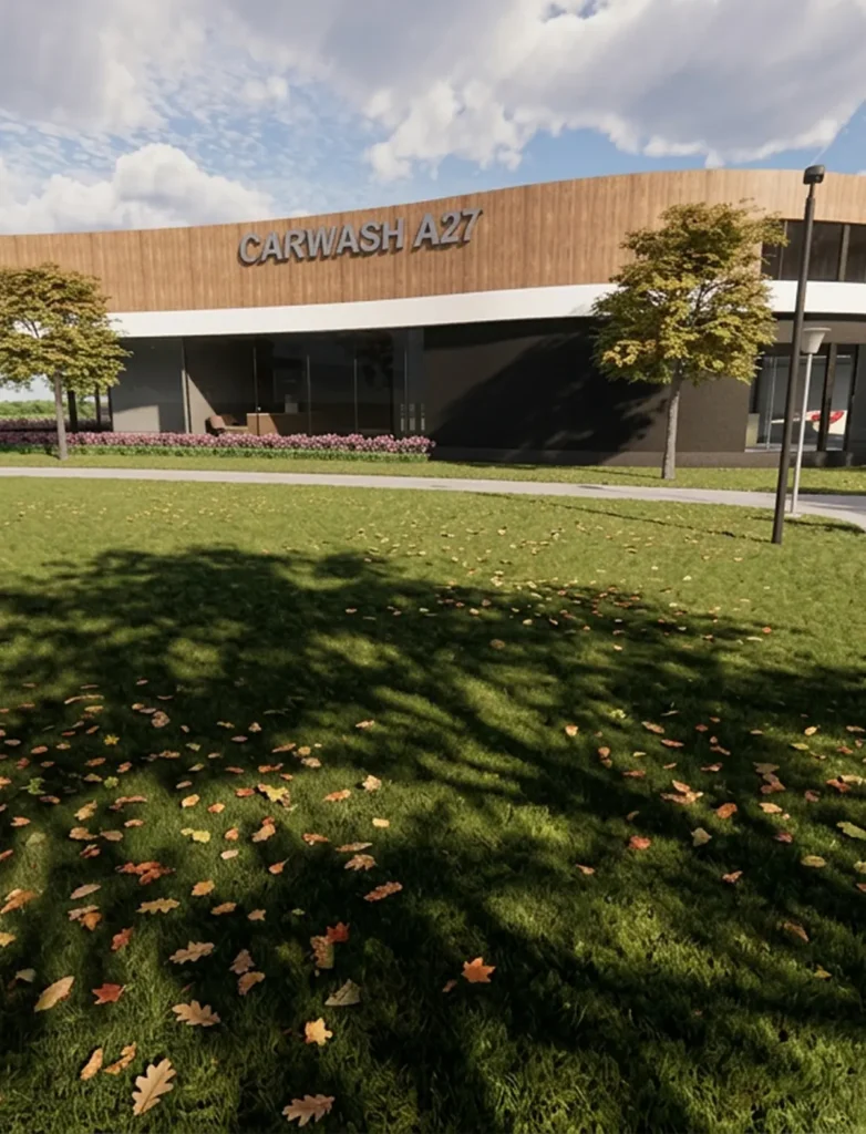 Exterieur van het Waspas-gebouw met moderne uitstraling en omringd door groen gras en bomen.
